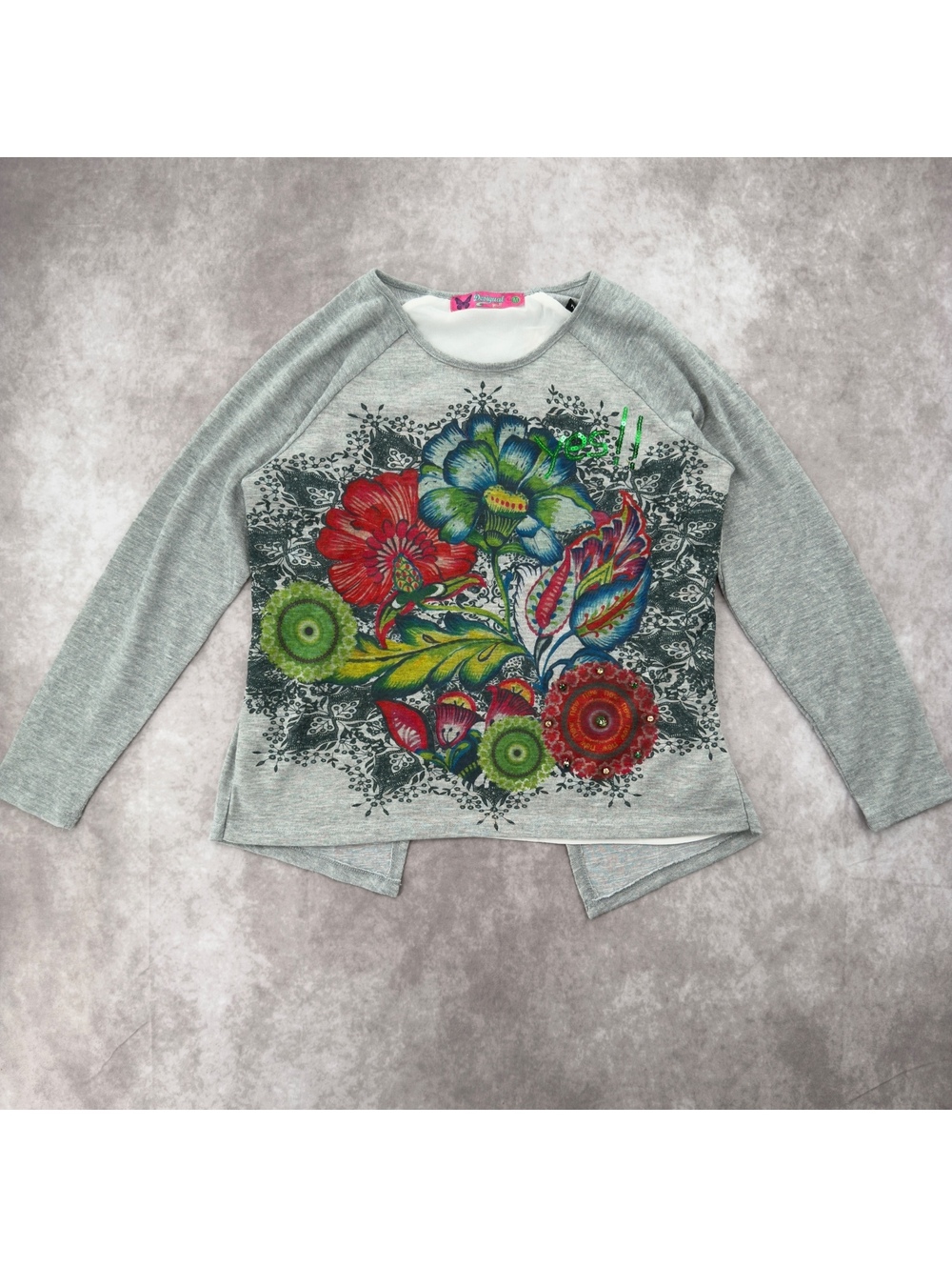 Desigual Vintage Floral Open Back Long Sleeve Graphic Top Heather Gray Medium